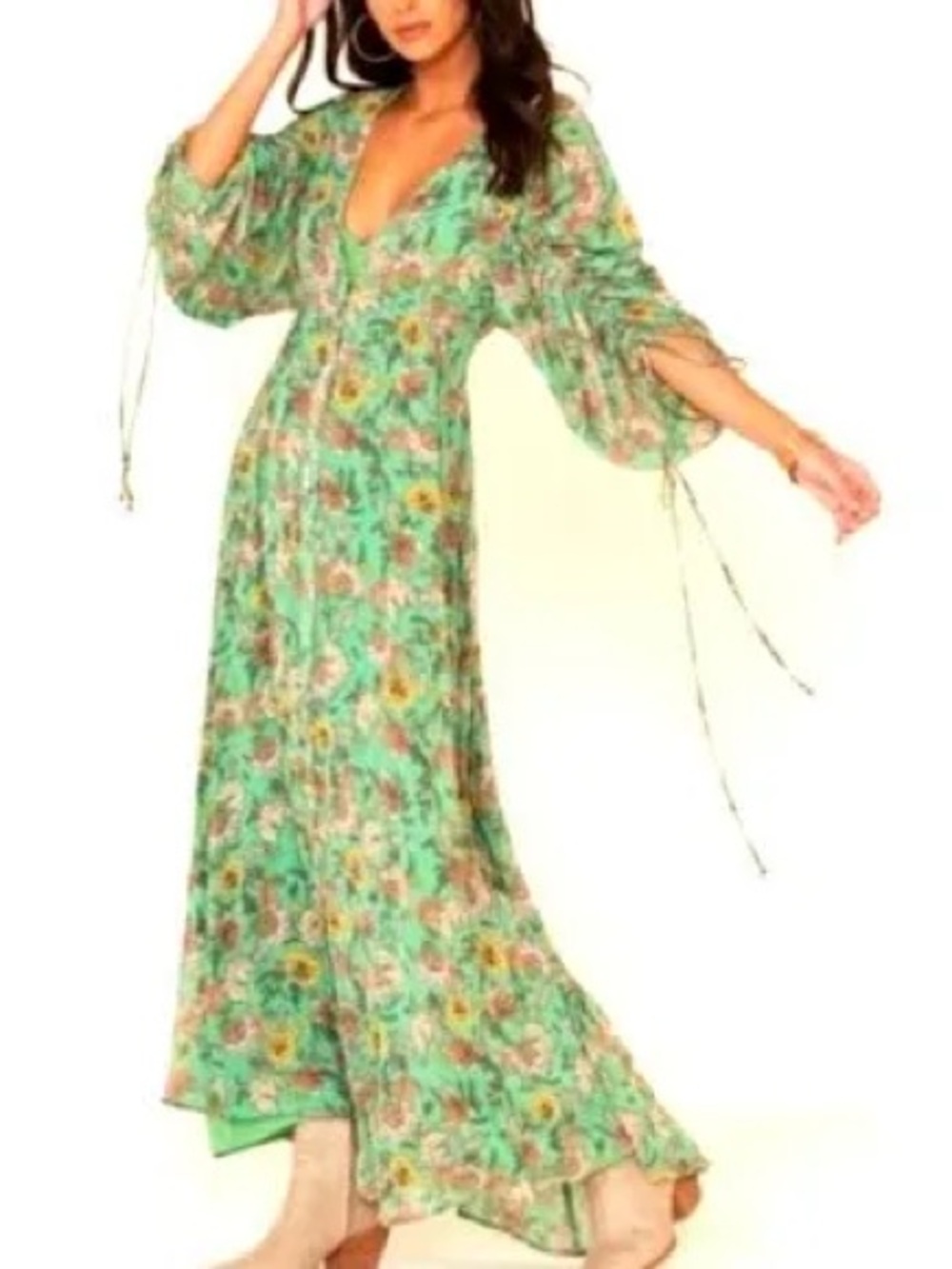 Free People Earthfolk Maxi Dress Green Floral Boho Ruched Sleeve XS